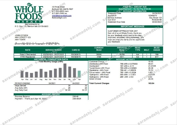 USA Whole Foods Market utility bill template in Word and PDF format